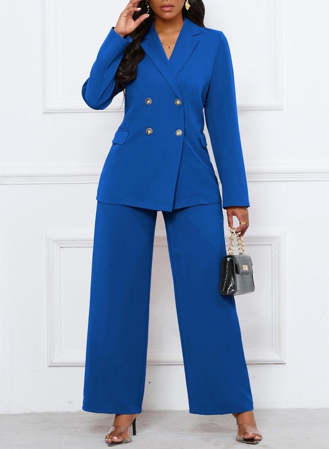 HBQ Women's Two Piece Outfits Casual Blazer Jacket Wide Leg Work Pants Business Suit Sets with Pocket-Blue-M - Image 3